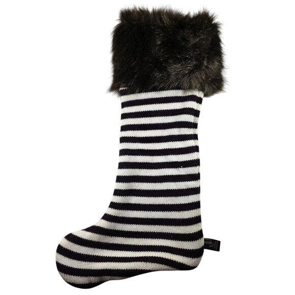 Henri Bendel Striped Knit Christmas Stocking Faux Fur Cuff Black & White - Picture 1 of 6